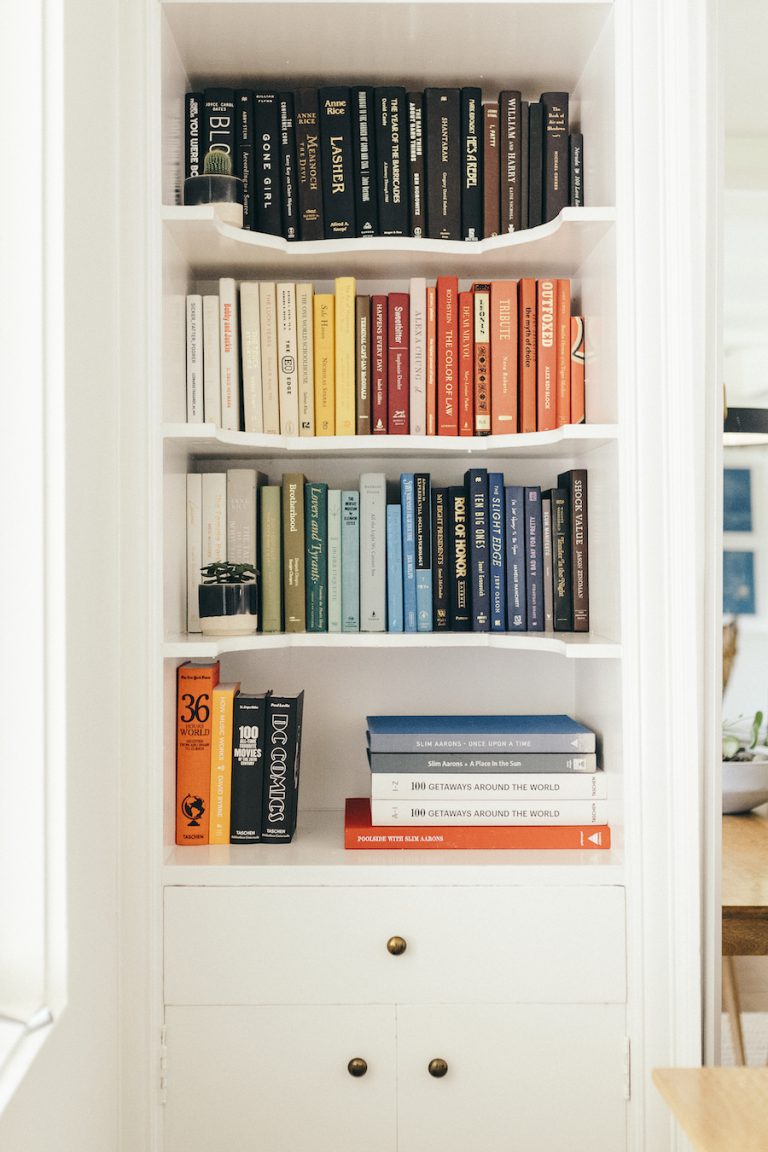 color-coordinated bookshelves, catt sadler's home