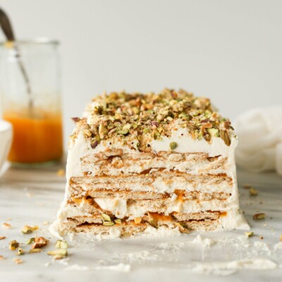 celebrate summer with this no bake mango and cardamom cream icebox cake with a salty pistachio crumble