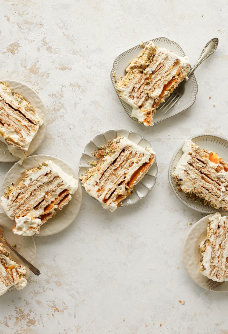 celebrate summer with this peace of mango and cardamom ice cream cake with crushed salted pistachio