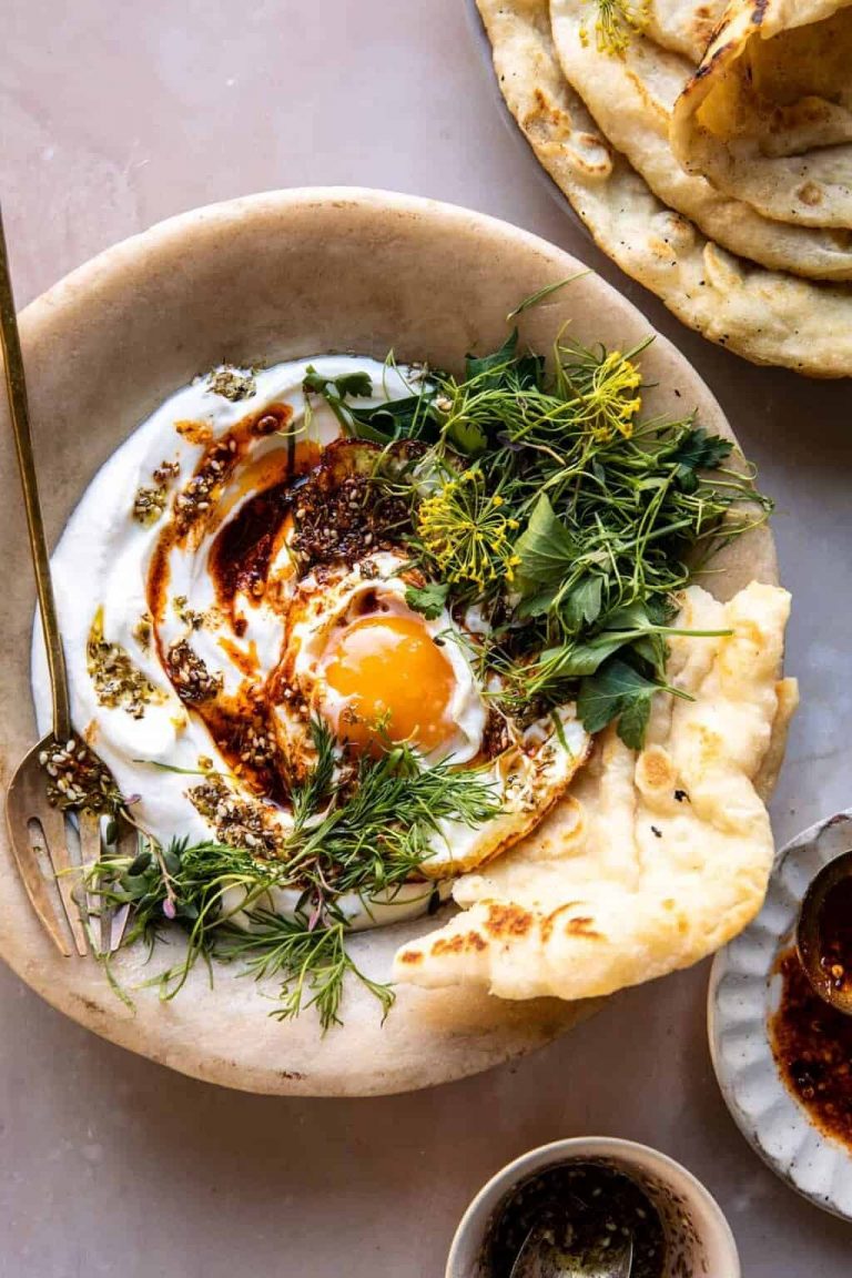 zaatar eggs with lemon yogurt and herbs