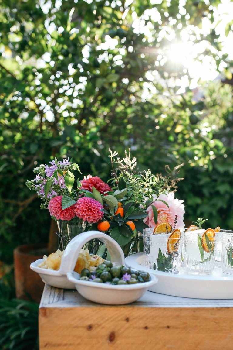 Valerie Rice dinner party in Santa Barbara, summer flowers, bar with cocktails