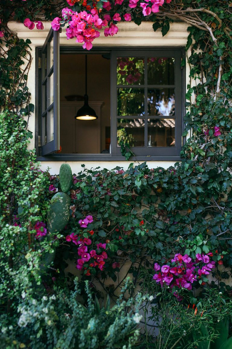 Valerie Rice dinner party in Santa Barbara, bougainvillea and mediterranean house exterior