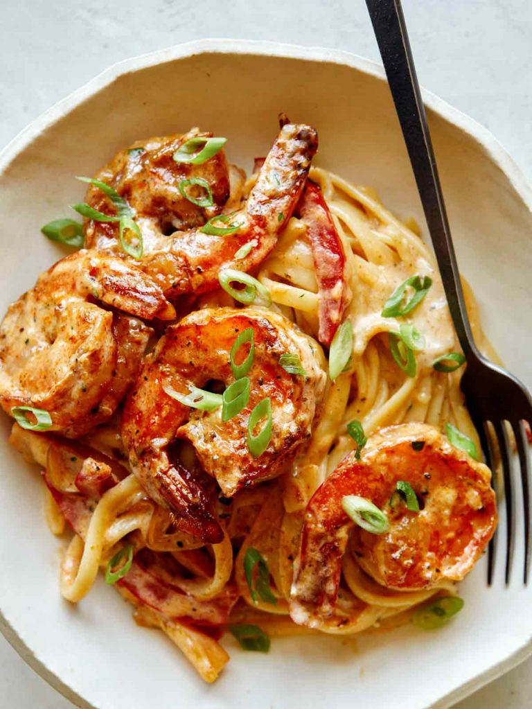 Cajun prawn noodles from forked spoon bacon