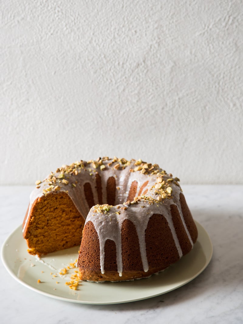 pumpkin cake with pistachio glaze from spoon fork bacon