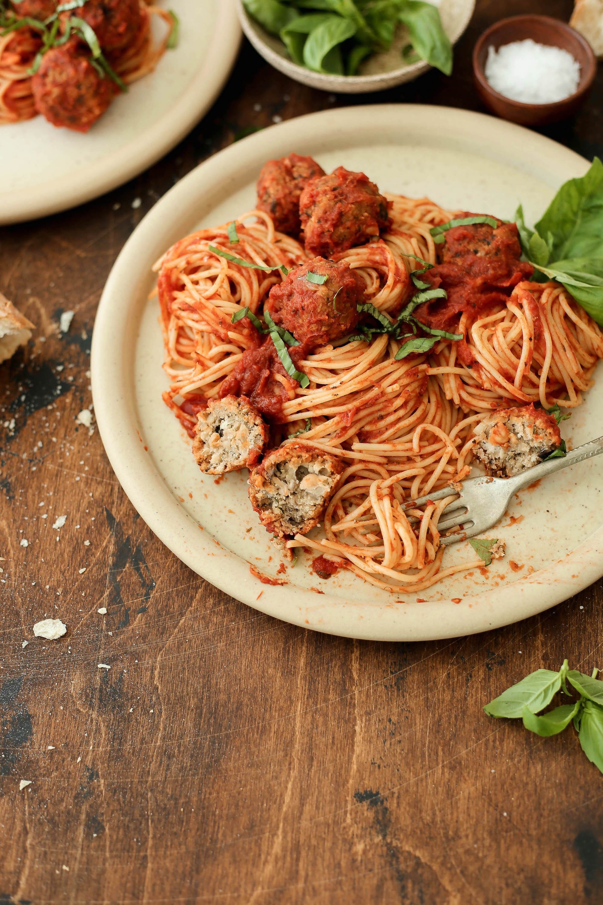 easy mushroom and white bean vegan meatballs for your weeknight spaghetti