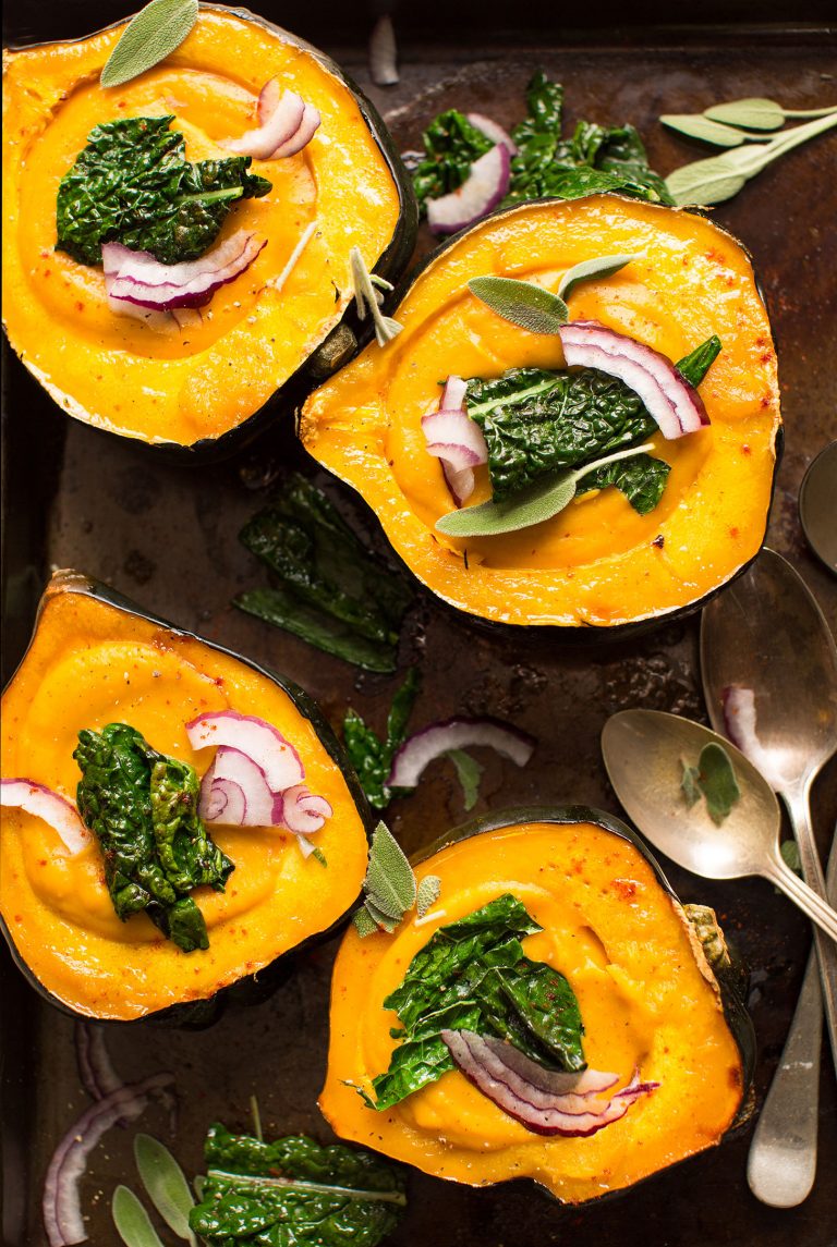 creamy soup dropped into acorn pumpkin bowls