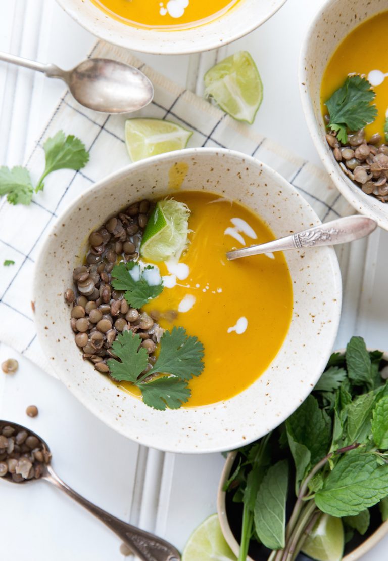 creamy pumpkin soup with curry and lentils
