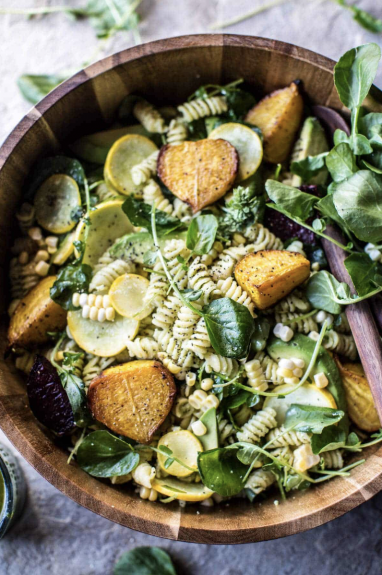 Basil goat cheese pasta salad made in a semi-baked salad