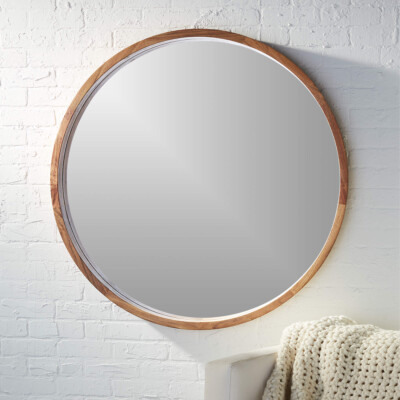 Acacia Wood Round Wall Mirror 40"