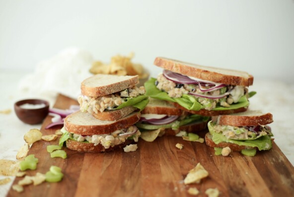 vegan chickpea salad sandwiches with cannellini beans, celery, and cranberries