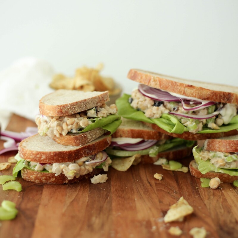 vegan chickpea salad sandwiches with cannellini beans, celery, and cranberries