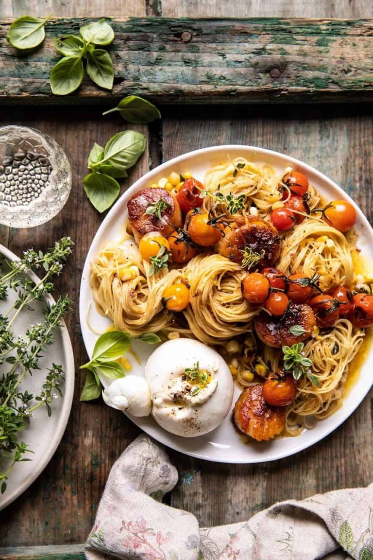 brown butter scallops and burst tomato pasta from half baked harvest