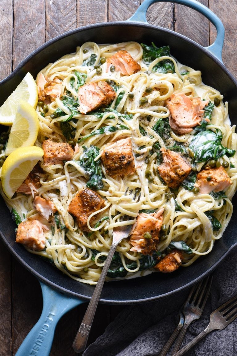 creamy salmon pasta with spinach from foxes love lemons