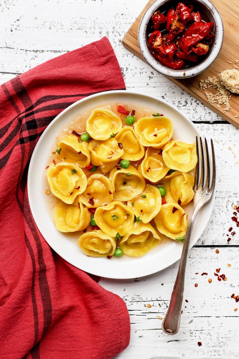 vegan cheese and basil tortellini full of plants