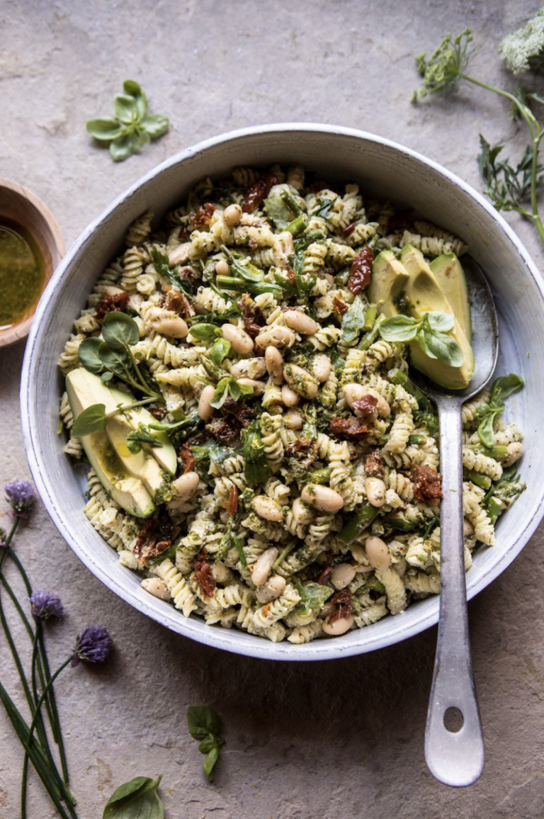 Sun-baked tomato salad, white bean and goat cheese pasta salad