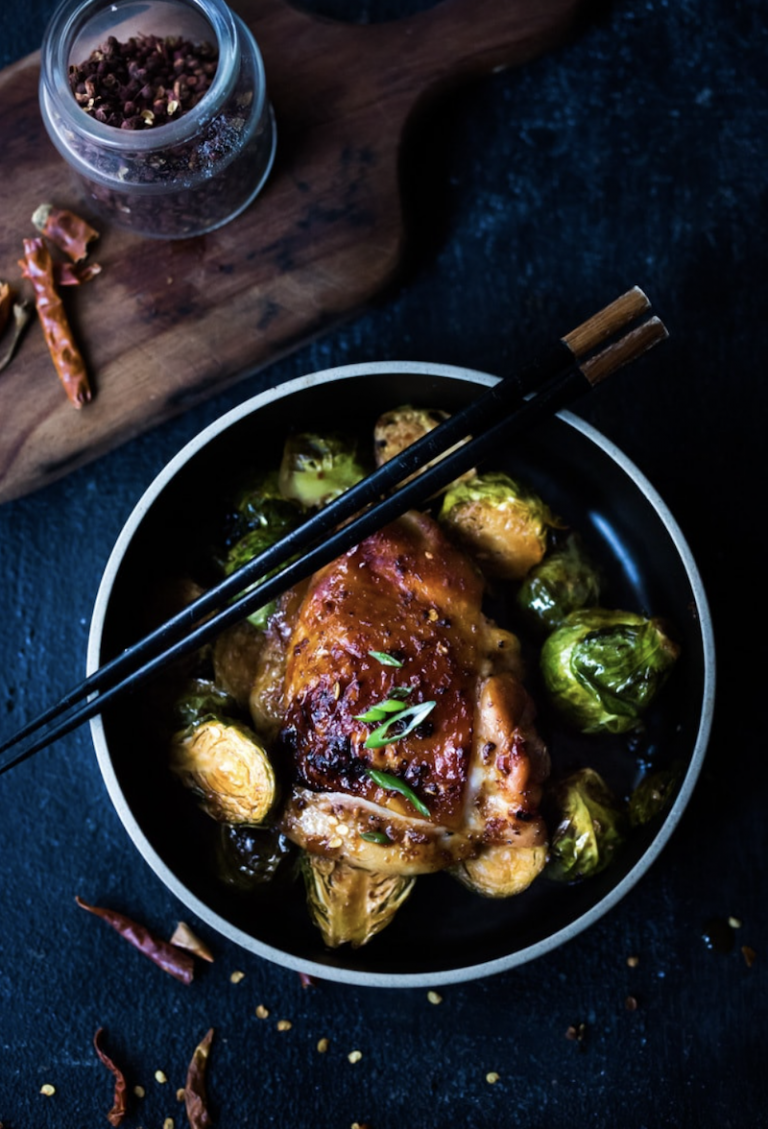 Sheet-Pan Szechuan Chicken and Brussel Sprouts from Feasting at Home