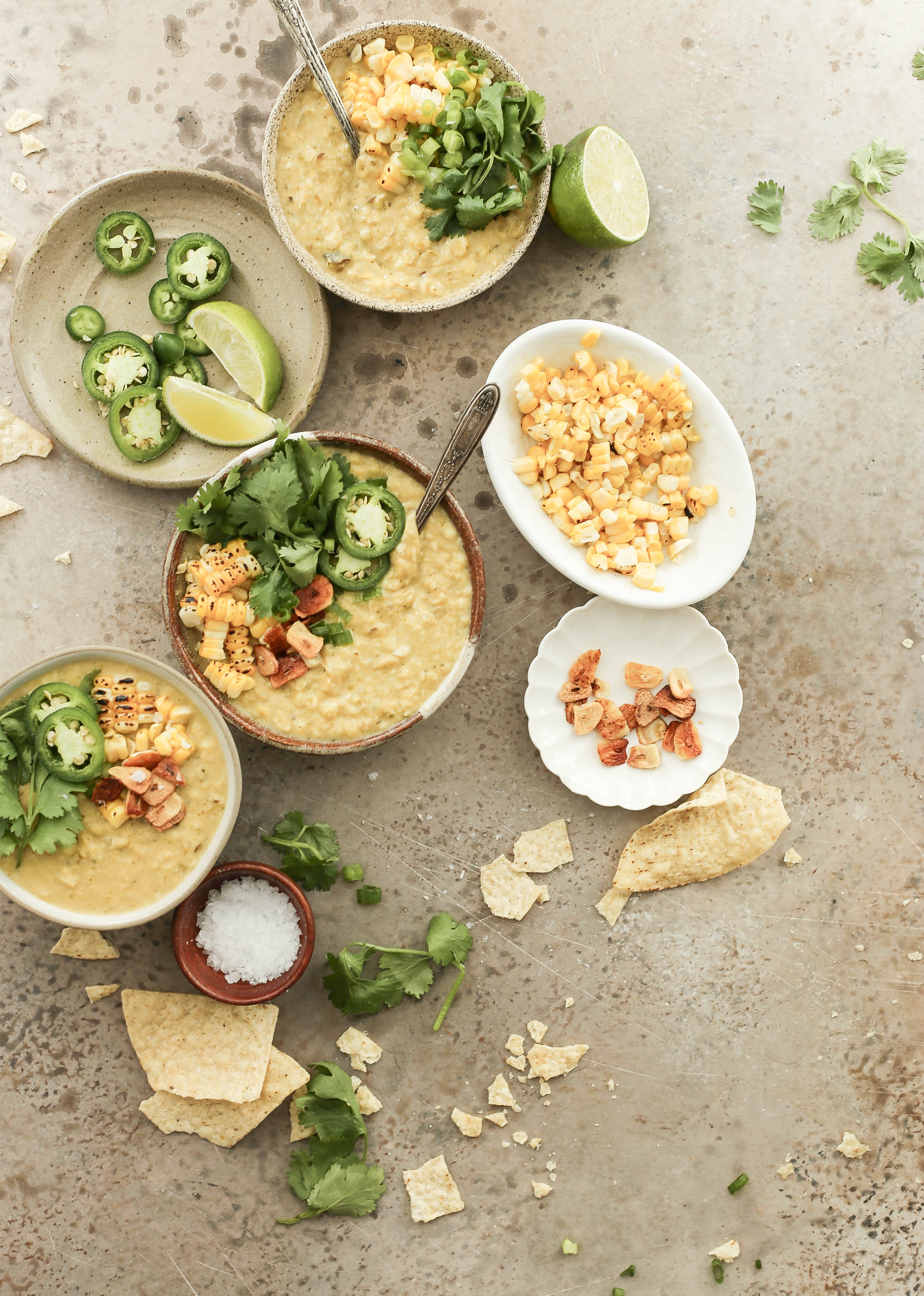 one pot spicy and vegan corn soup with poblano peppers and coconut milk