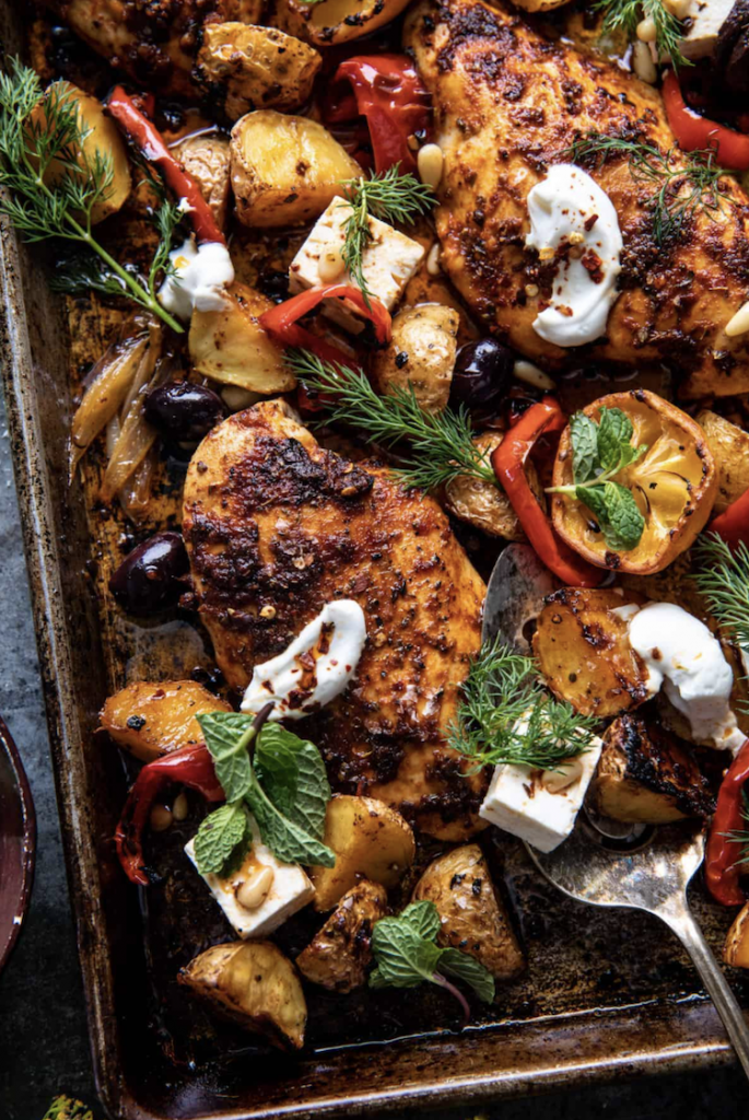 Easy Greek Sheet Pan Chicken Souvlaki and Potatoes from Half Baked Harvest