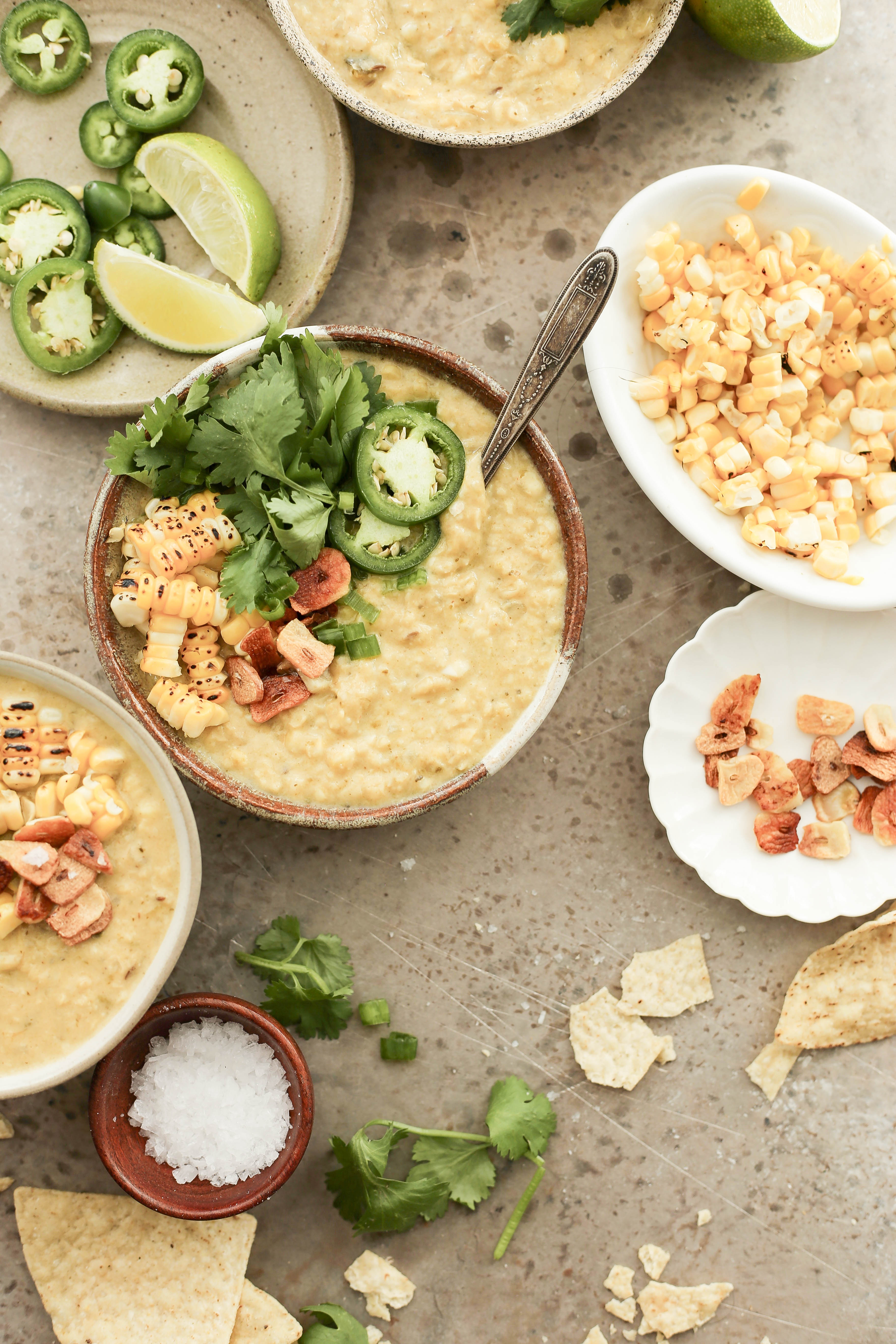 one pot spicy and vegan corn soup with poblano peppers and coconut milk