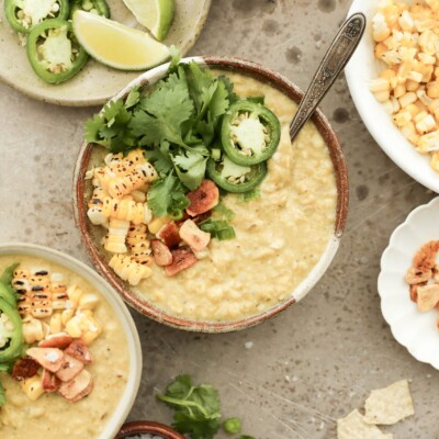 one pot spicy and vegan corn soup with poblano peppers and coconut milk