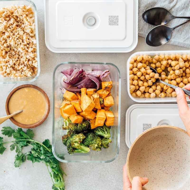 how to meal prep for a week of plant-based eating, healthy lunches, grain bowl