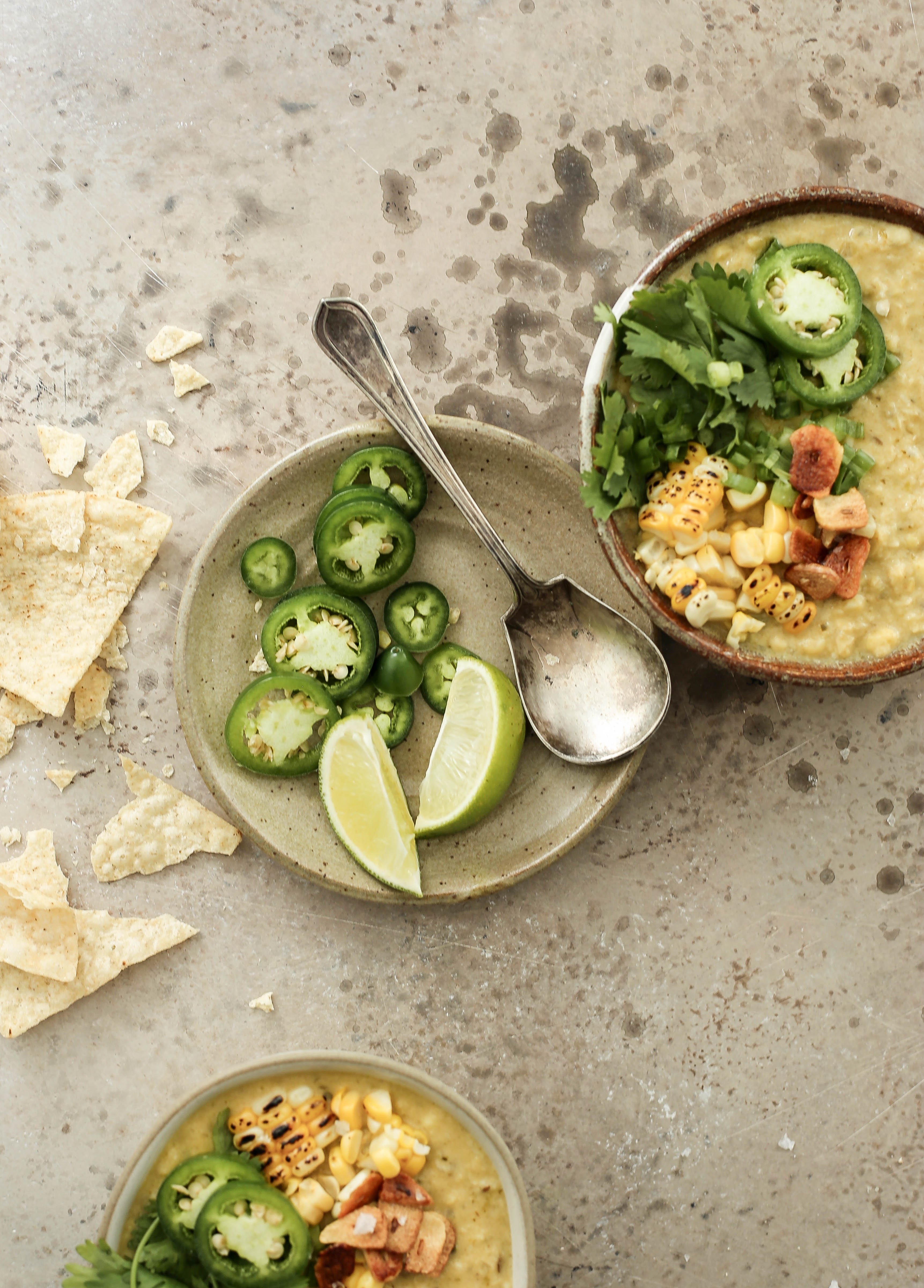 one pot spicy and vegan corn soup with poblano peppers and coconut milk