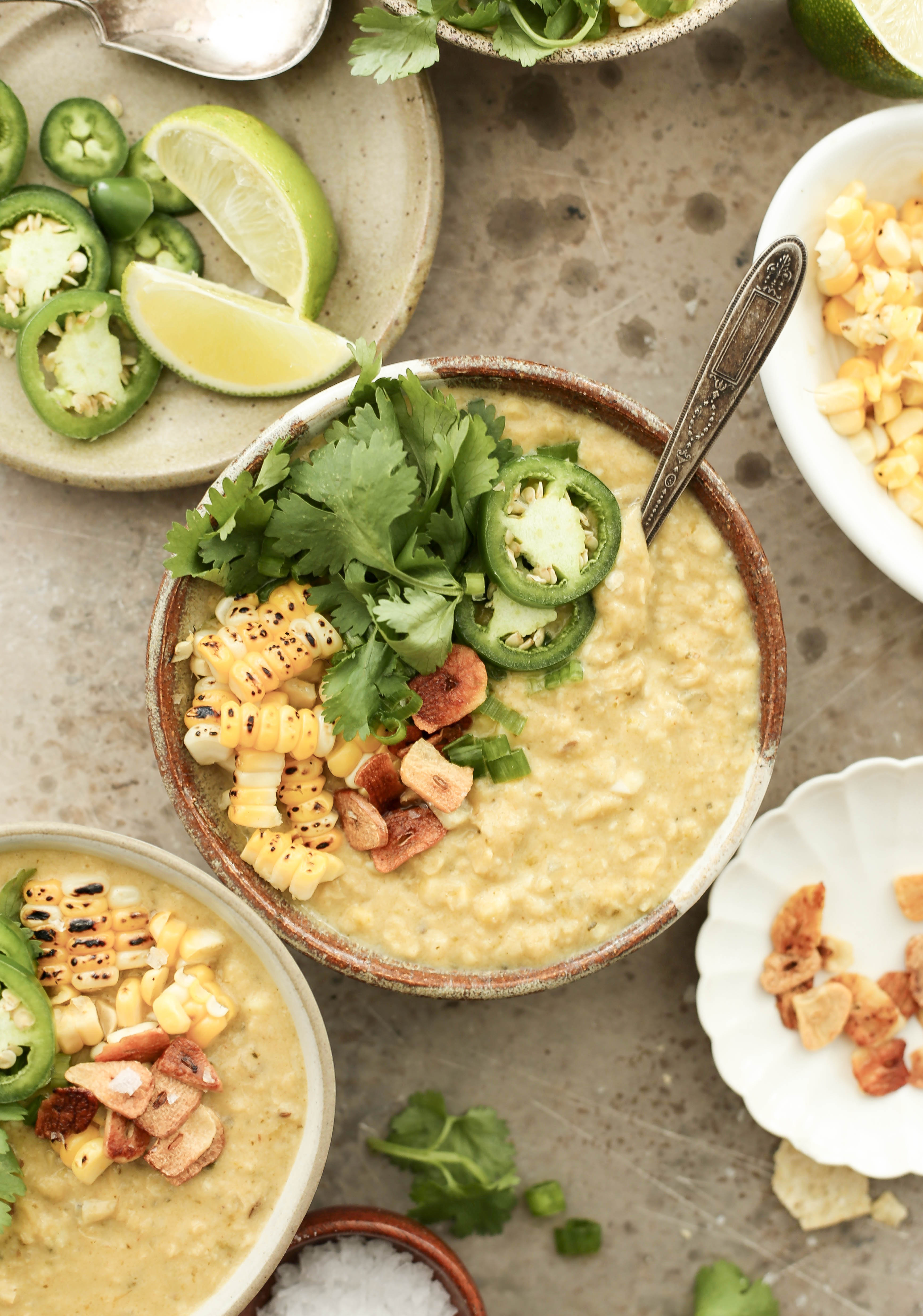 one pot spicy and vegan corn soup with poblano peppers and coconut milk