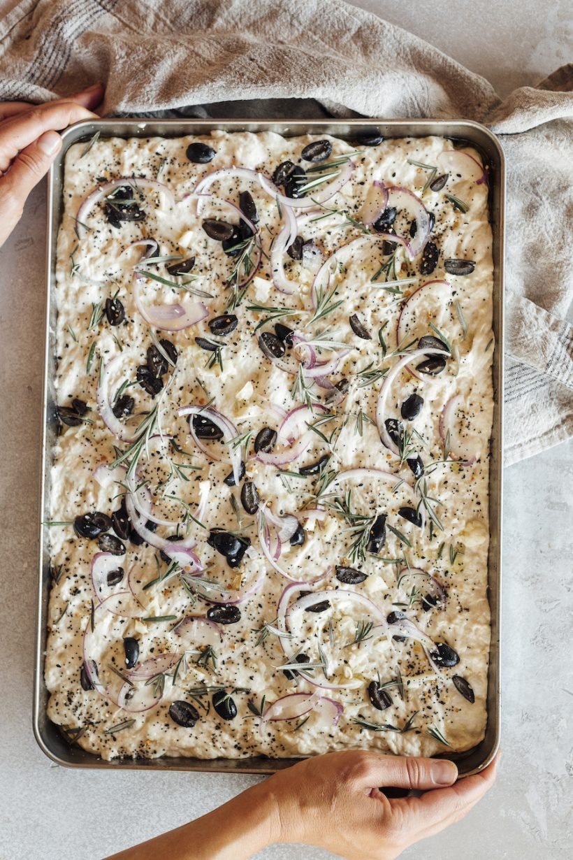 Easy Thanksgiving Appetizer - No-Knead Olive & Rosemary Focaccia