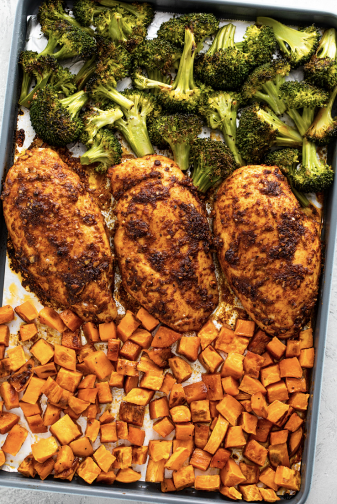 Sheet Pan Roasted Chicken, Sweet Potatoes, & Broccoli from Gimme Delicious