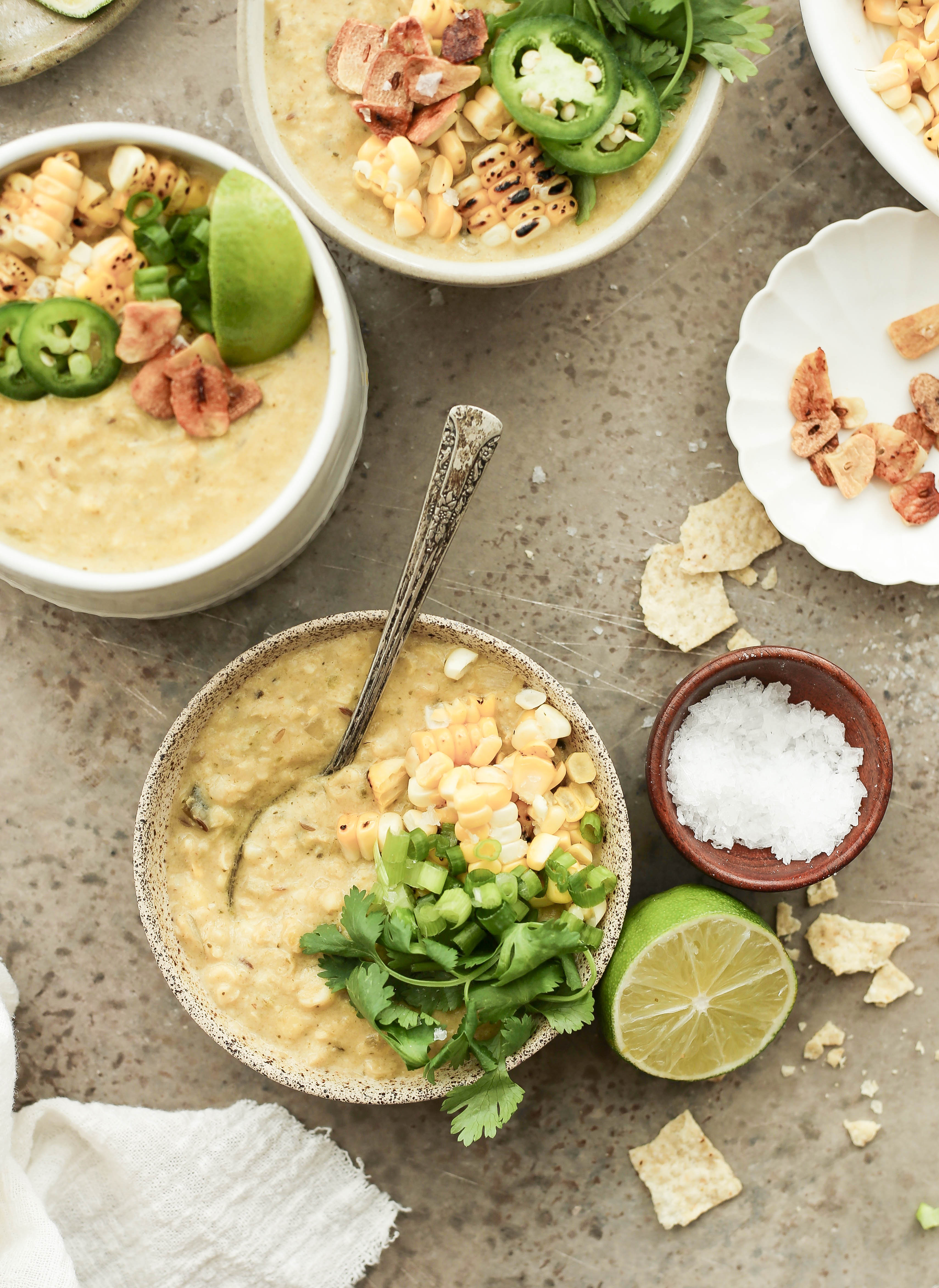 one pot spicy and vegan corn soup with poblano peppers and coconut milk