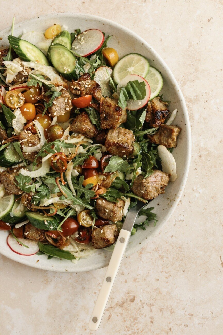 Vibrant grass fed beef steak salad — a nourishing, feel-good meal