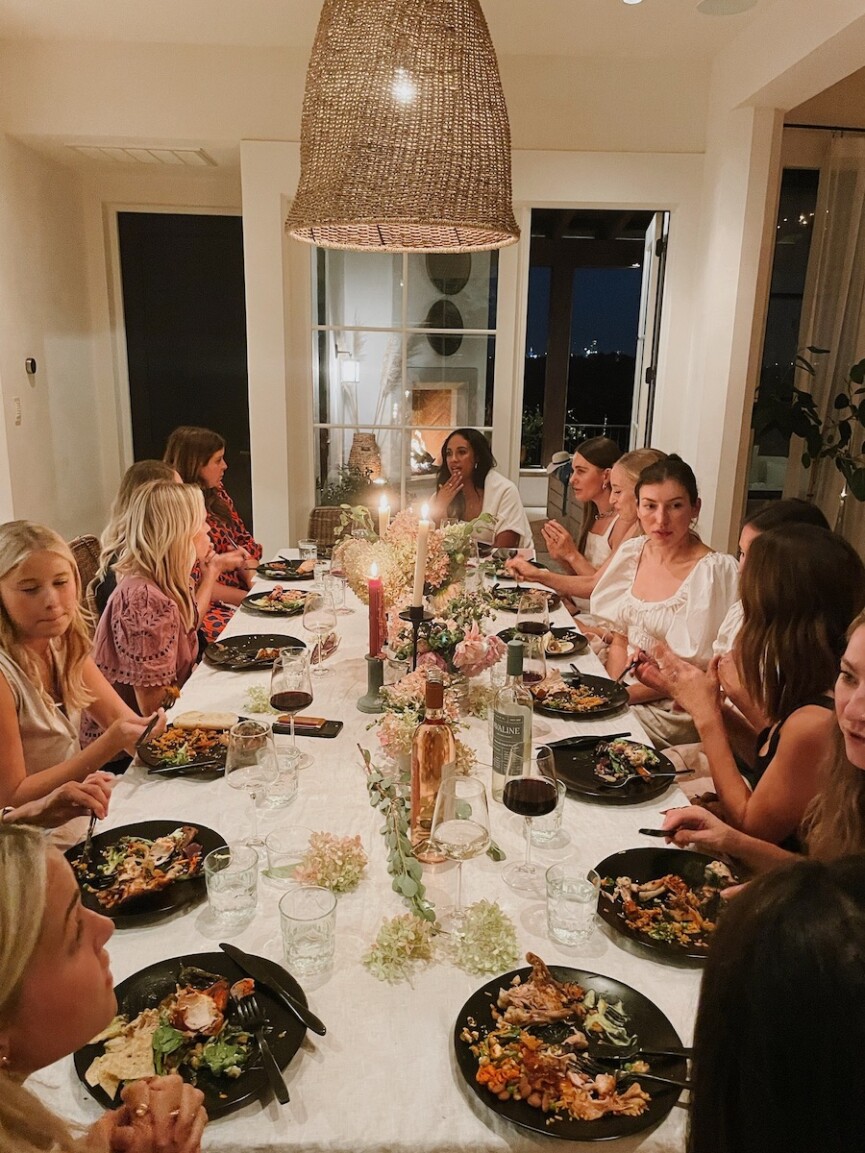 spring tabletop with hydrangeas, camille styles team editor summit - dinner party