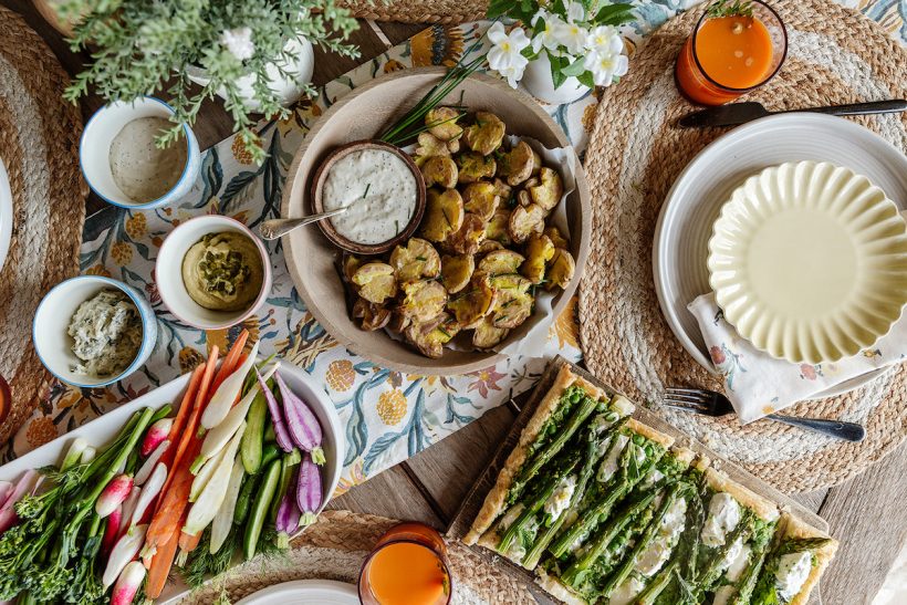 Camille Styles, Easter, spring, Target C1, Crispy Smashed Potatoes, Farmer's Market Crudité with Good & Gather Dips (Golden Ginger Hummus & Spinach Dip), Asparagus & Spring Pea Tart with Burrata, Carrot-Orange Mimosas, table setting, brunch, floral arrangements, spring tablescape