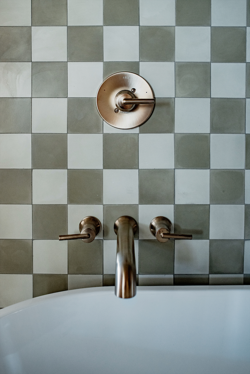 sarah samuel sherman, bathroom, bold guest bathroom, brass fixtures, checkered tile