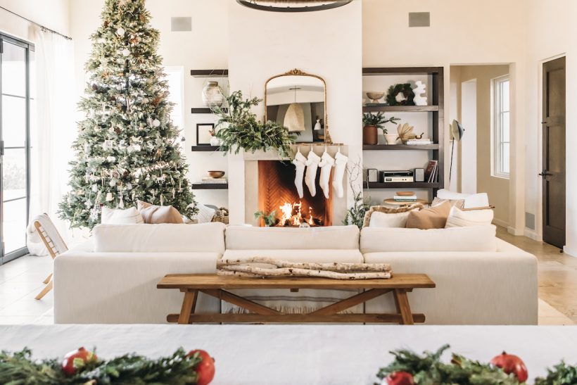 modern cozy christmas by the fire, camille styles living room