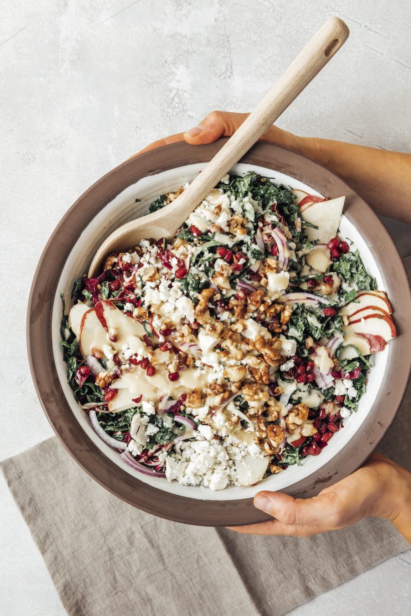 Christmas Salad with Kale, Mustard Shallot Vinaigrette