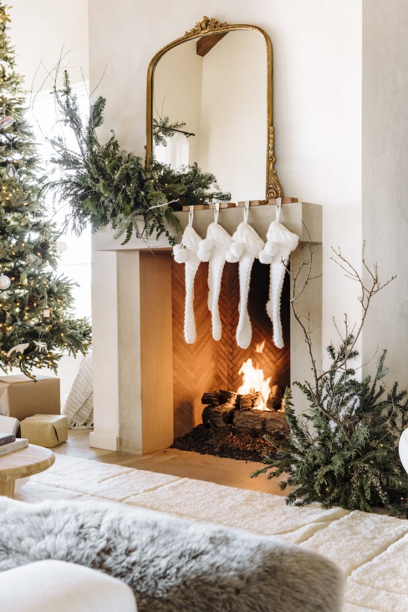 luxury holiday fireplace decor, modern cozy christmas decoration ideas, living room camille style