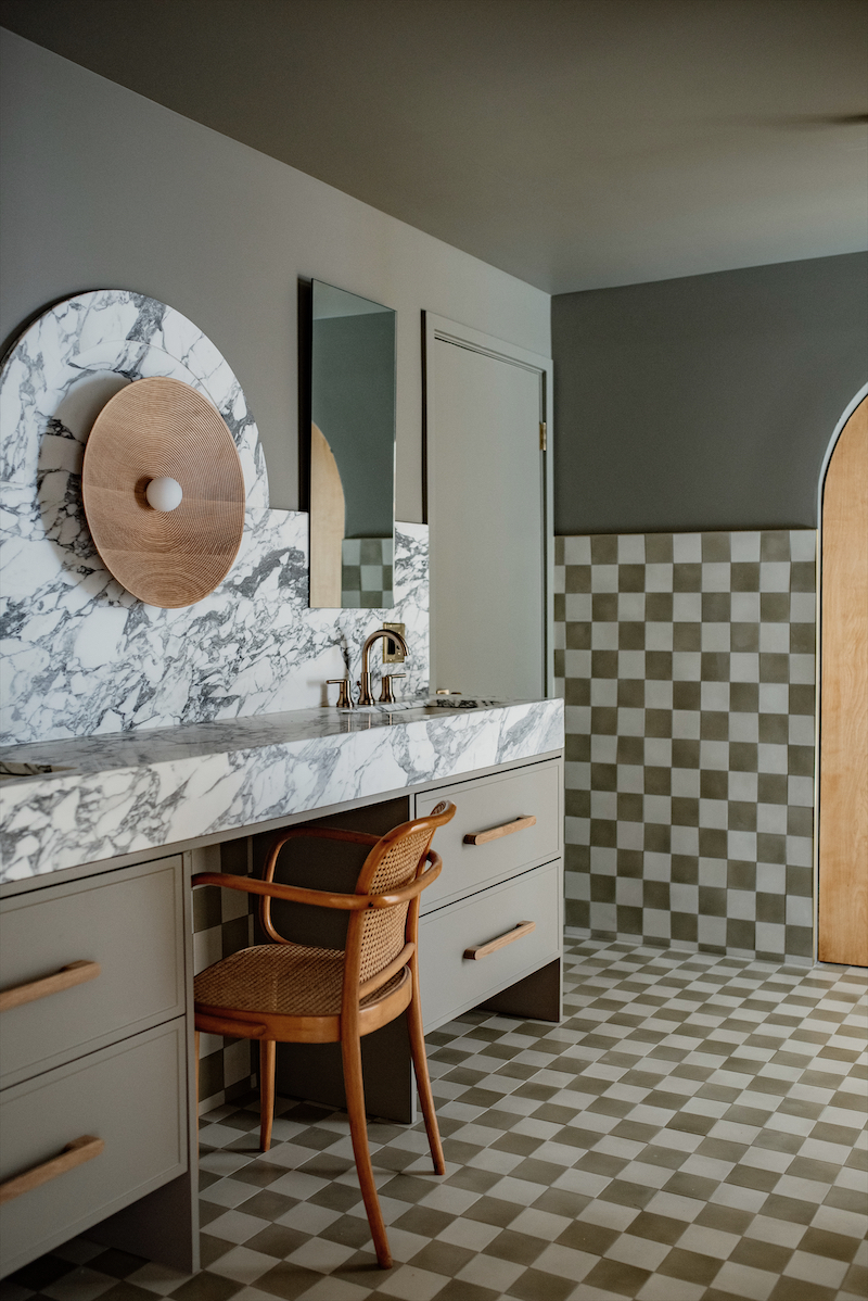 sarah samuel sherman, bathroom, bold guest bathroom, marble, checkered tile