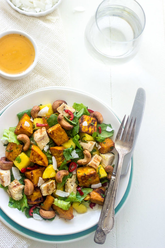 Roasted Sweet Potato Salad with Chicken and Mango Chipotle Vinaigrette - warm salad recipes