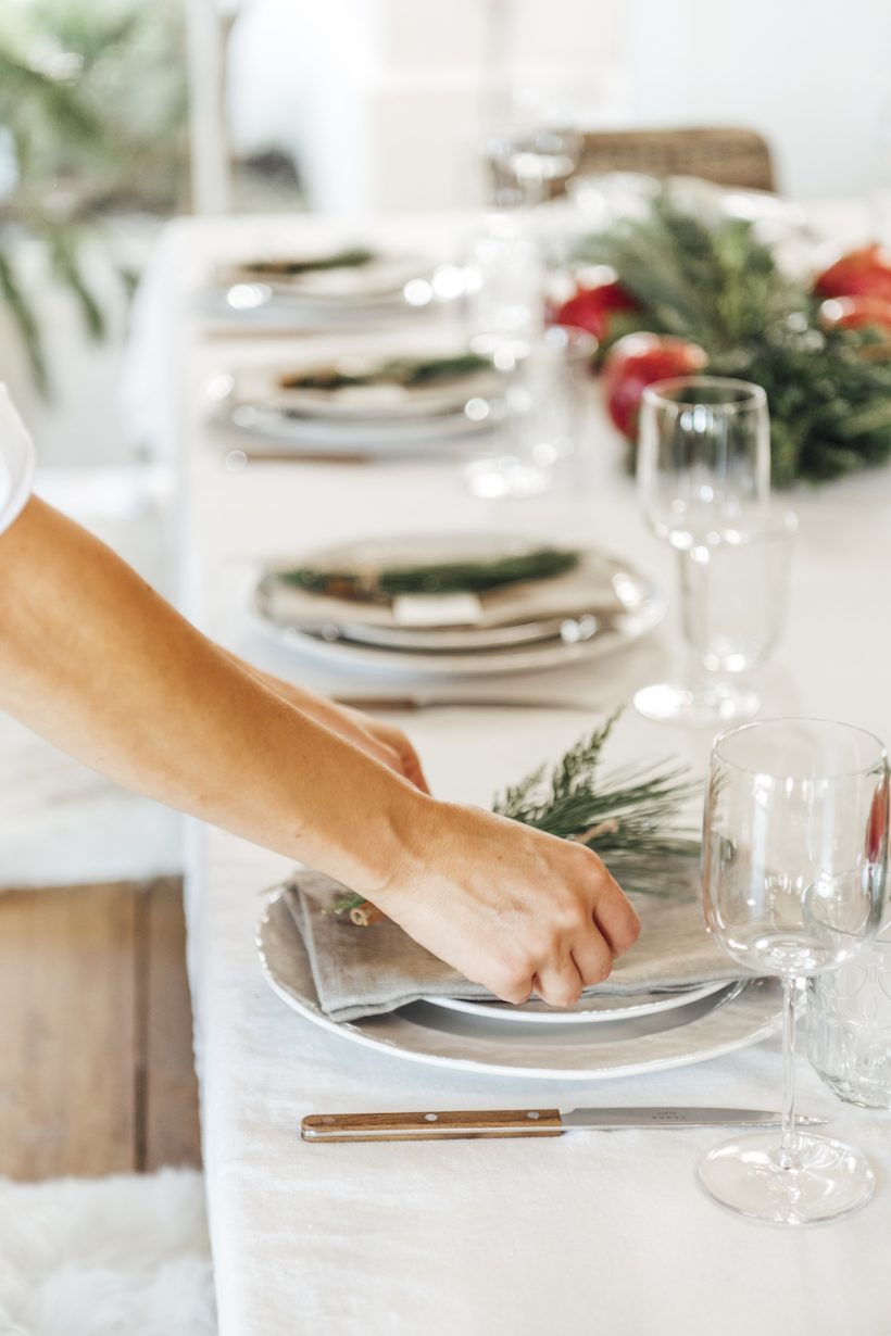 Simple Christmas Table Ideas - Scandinavian Inspired Holiday Table with Evergreen Leaf and Pomegranate - Camille Table Set