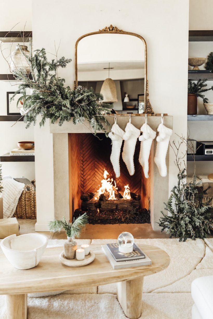 chic holiday mantel decorations, modern cozy christmas decoration ideas, camille styles living room