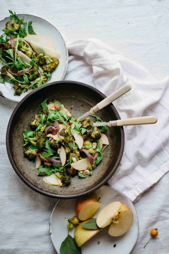 Charred Broccoli and Red Onion Salad with Shaved Apples and Arugula - warm salad recipes