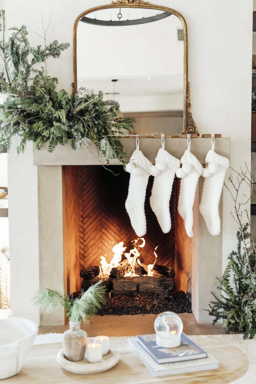 modern cozy christmas by the fire, camille styles living room