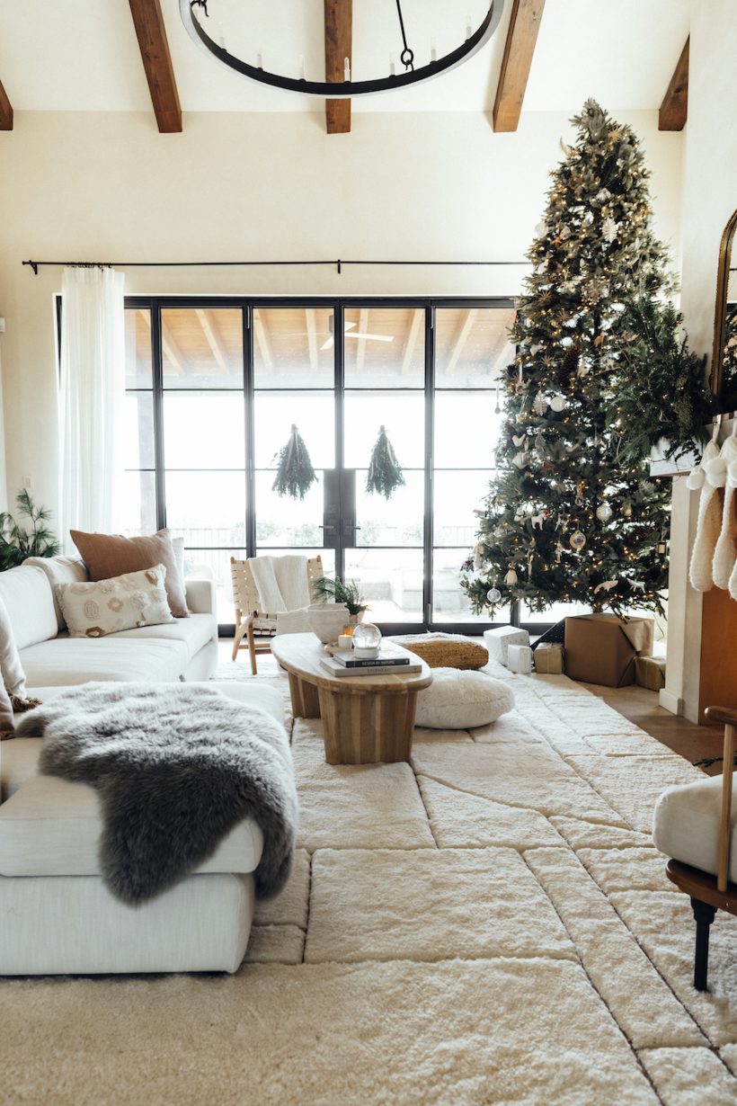 neutral and chic holiday decor, modern cozy christmas decoration ideas, camille styles living room