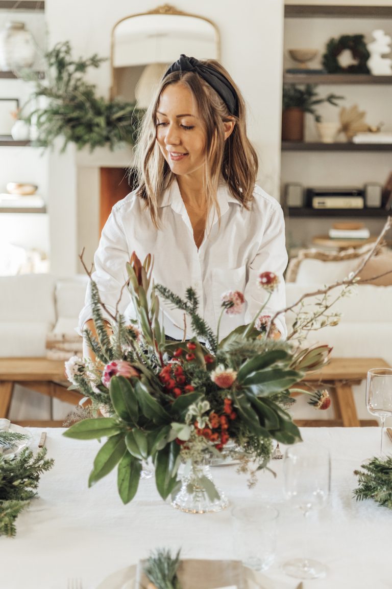 Simple Christmas Table Setting Ideas-Sandinavian-inspired holiday table top with evergreen and pomegranate-camille decor