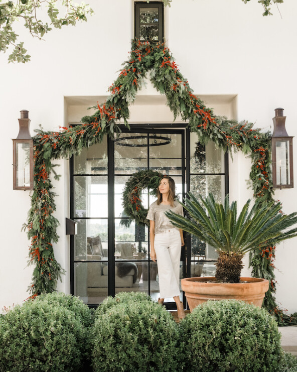 christmas evergreen garland and wreath with red berries for front door, best holiday decor front porch, how to make a christmas wreath and garland