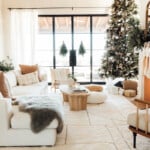 neutral and chic holiday decor, modern cozy christmas decoration ideas, camille styles living room