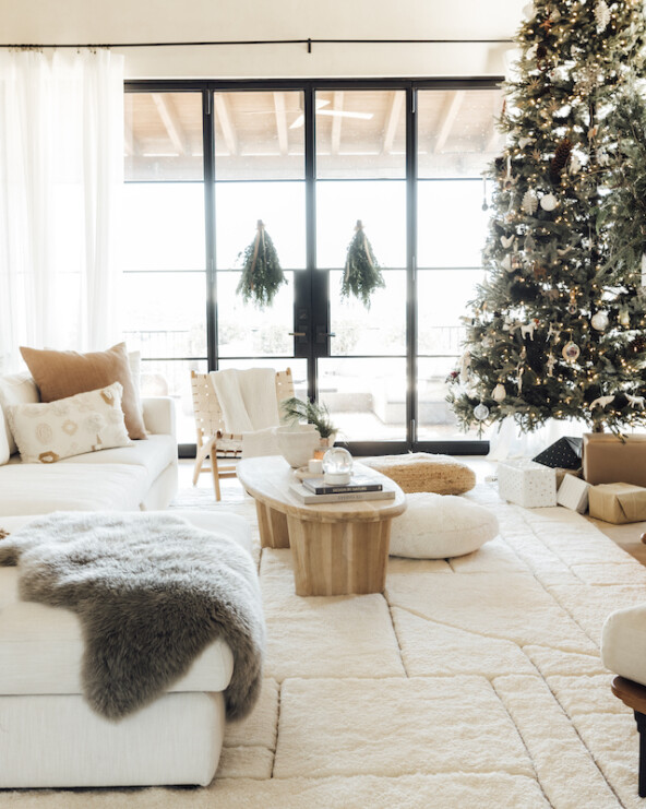neutral and chic holiday decor, modern cozy christmas decoration ideas, camille styles living room