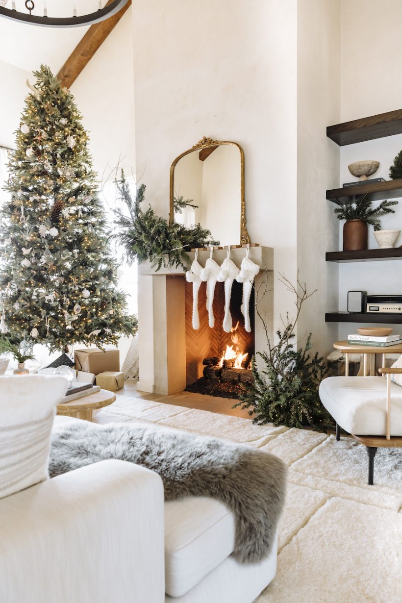 neutral and chic holiday decor, modern cozy christmas decorating ideas, camille style living room