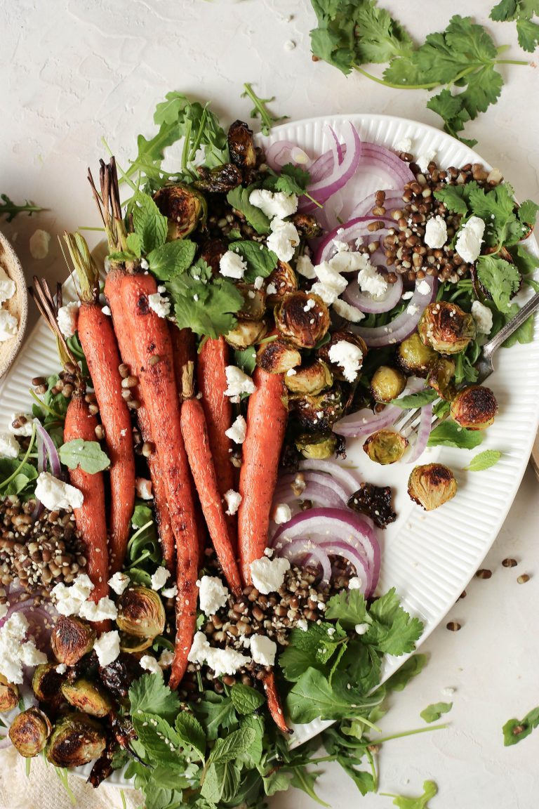 plant-based reset - roasted carrots and Brussels sprouts with lentils